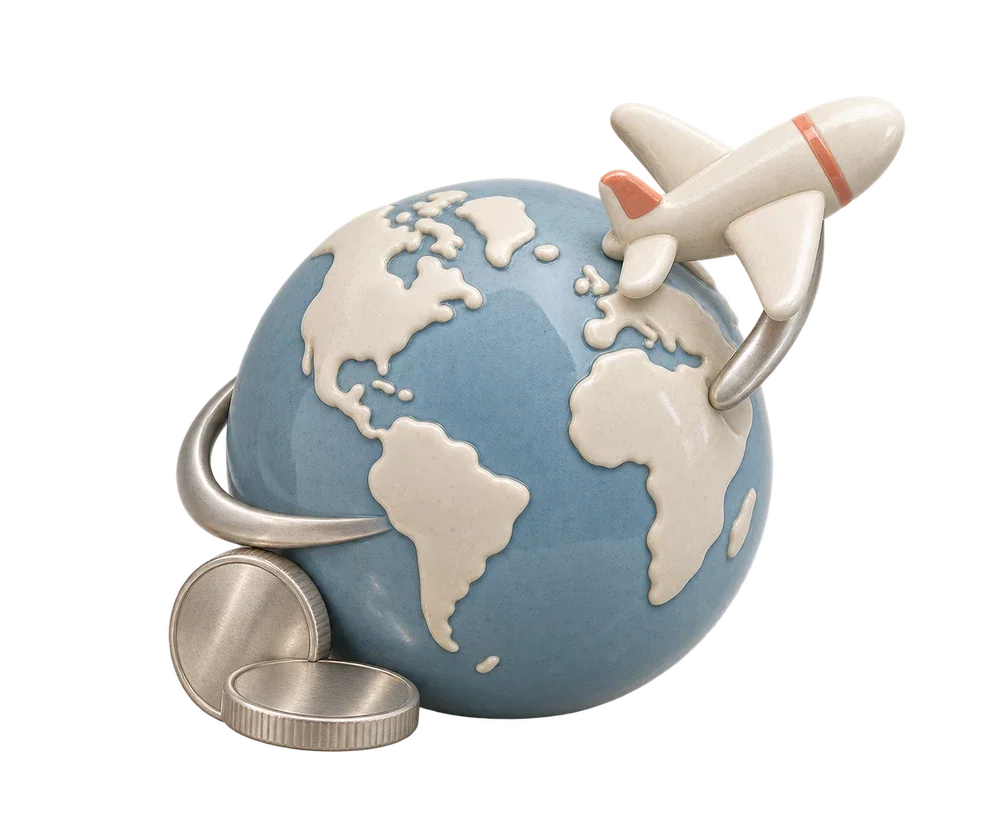 Planeta de cerámica con un avión y monedas